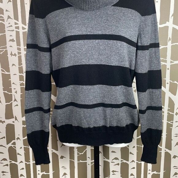 Cashmere Cowl Neck Striped Sweater L Black & Gray - Picture 4 of 9
